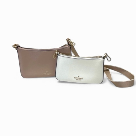 Kate Spade Taupe & Ivory Saffiano Double-Zip Convertible Crossbody Bag Purse Set - Picture 3 of 8